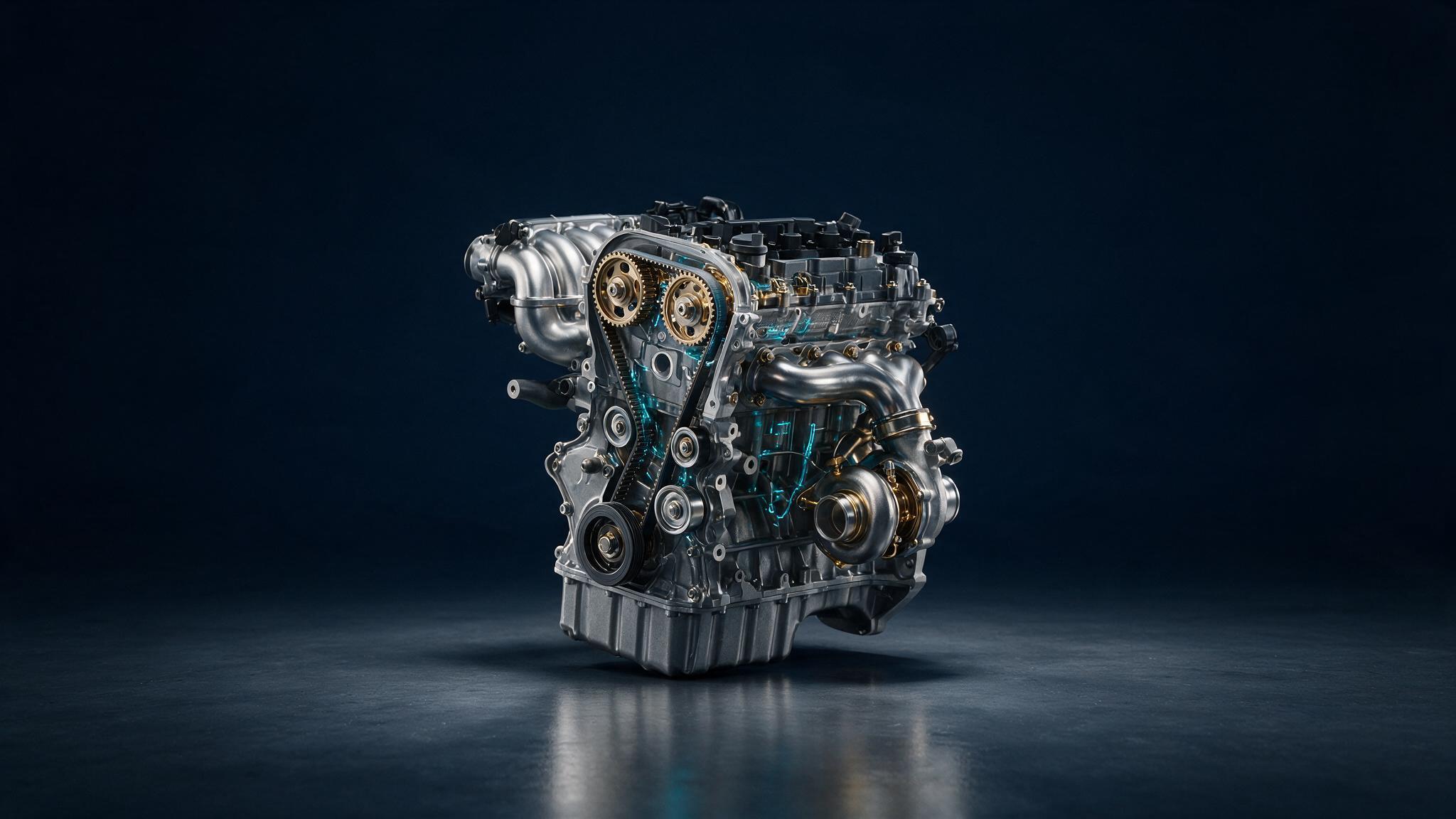 Moteur automobile ouvert montrant la distribution, le turbo et les organes analysés par AVA